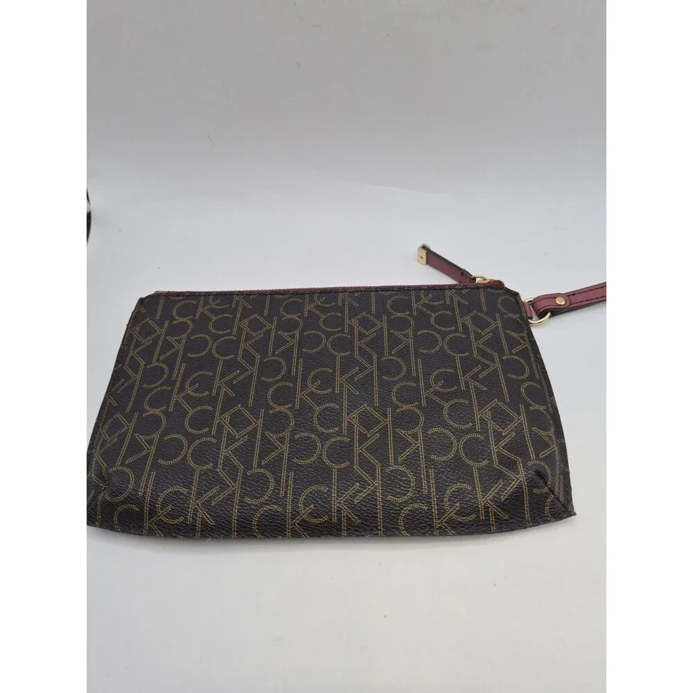 CALVIN KLEIN LEATHER WRISTLET CLUTCH BROWN & BURGUNDY MEDIUM HANDBAG PURSE